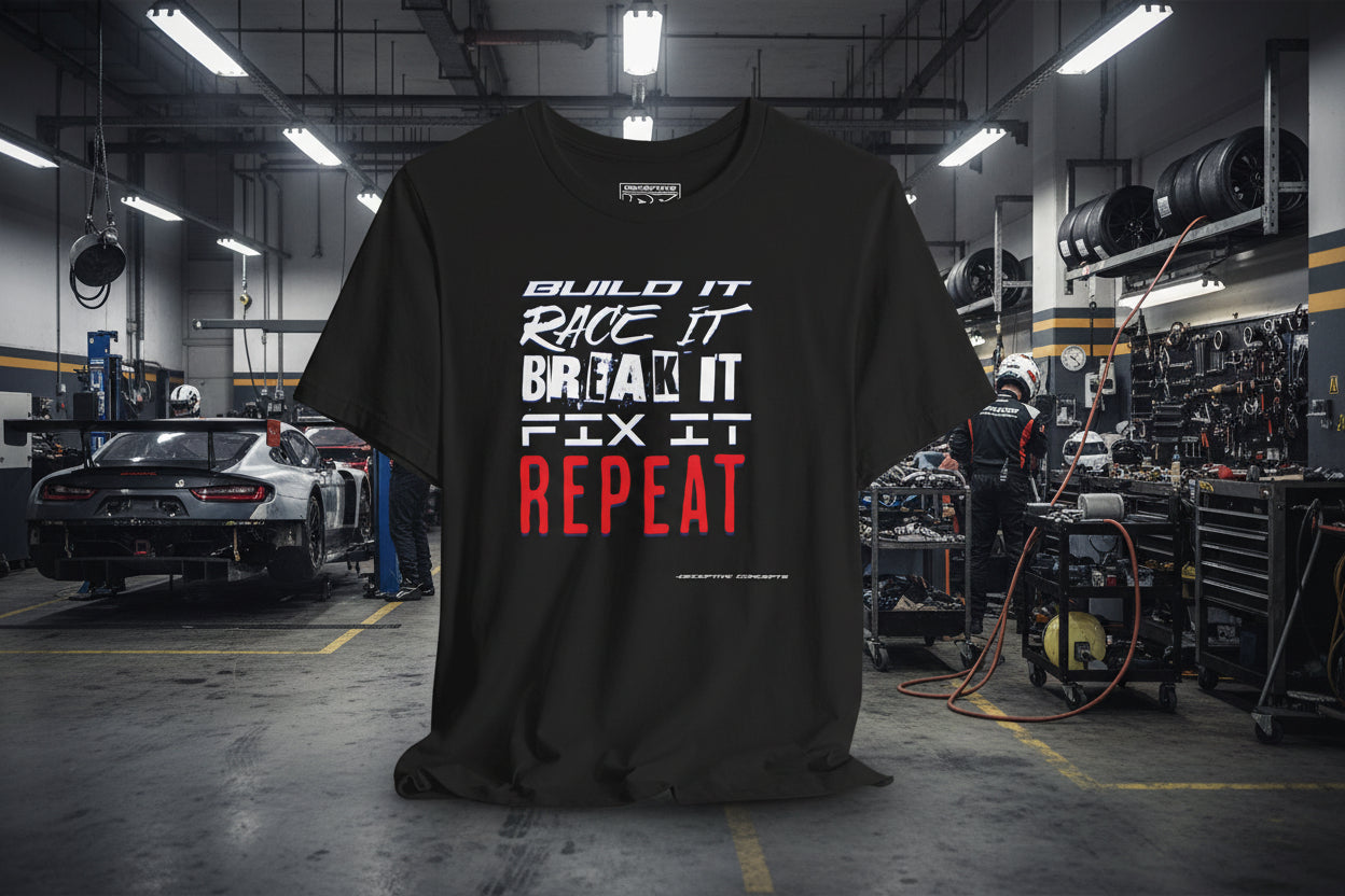 Build / Race / Break / Fix / Repeat – Racing Crew Shirt